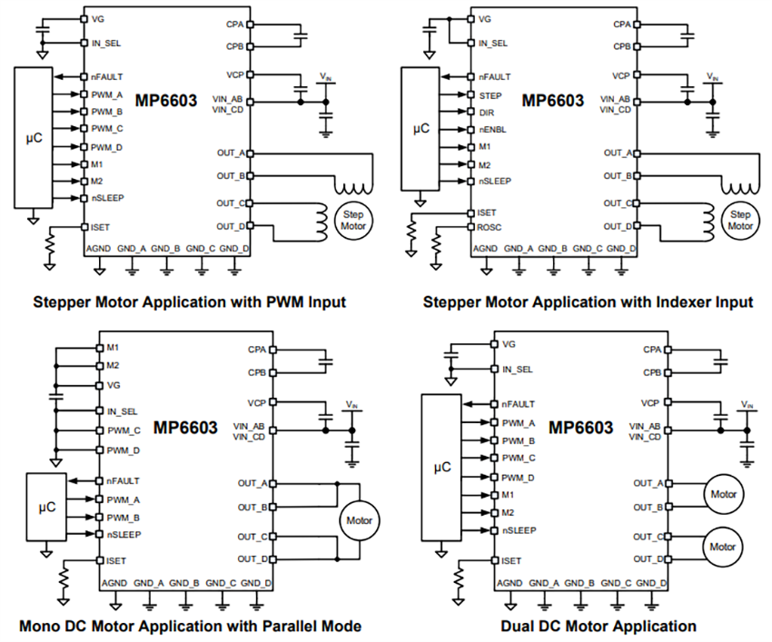 Application Circuit Diagram - Monolithic Power Systems (MPS) MP6603 Dual Full-Bridge Motor Drivers